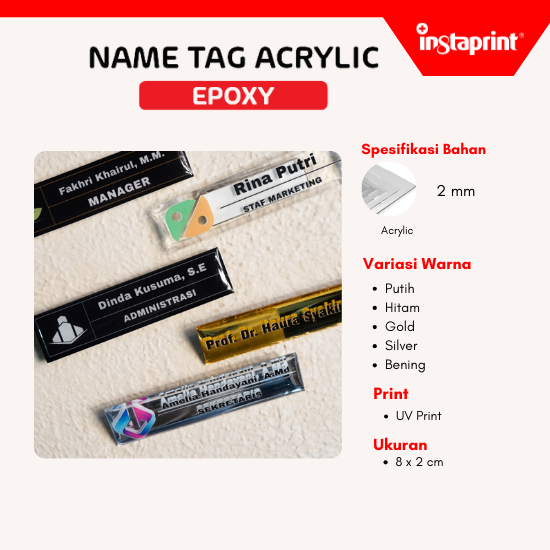 Name Tag / Nama Dada /Acrylic-Kuningan-Stainless-Peniti-Magnet ukuran 2x8cm Tebal 2mm WEB